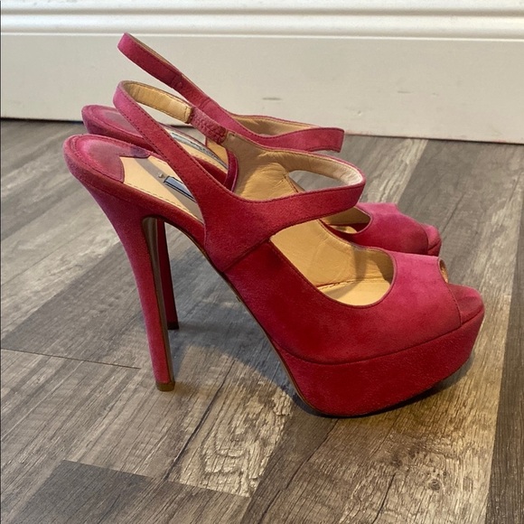Prada Shoes - Prada peonia suede sling back peep toe high heels.